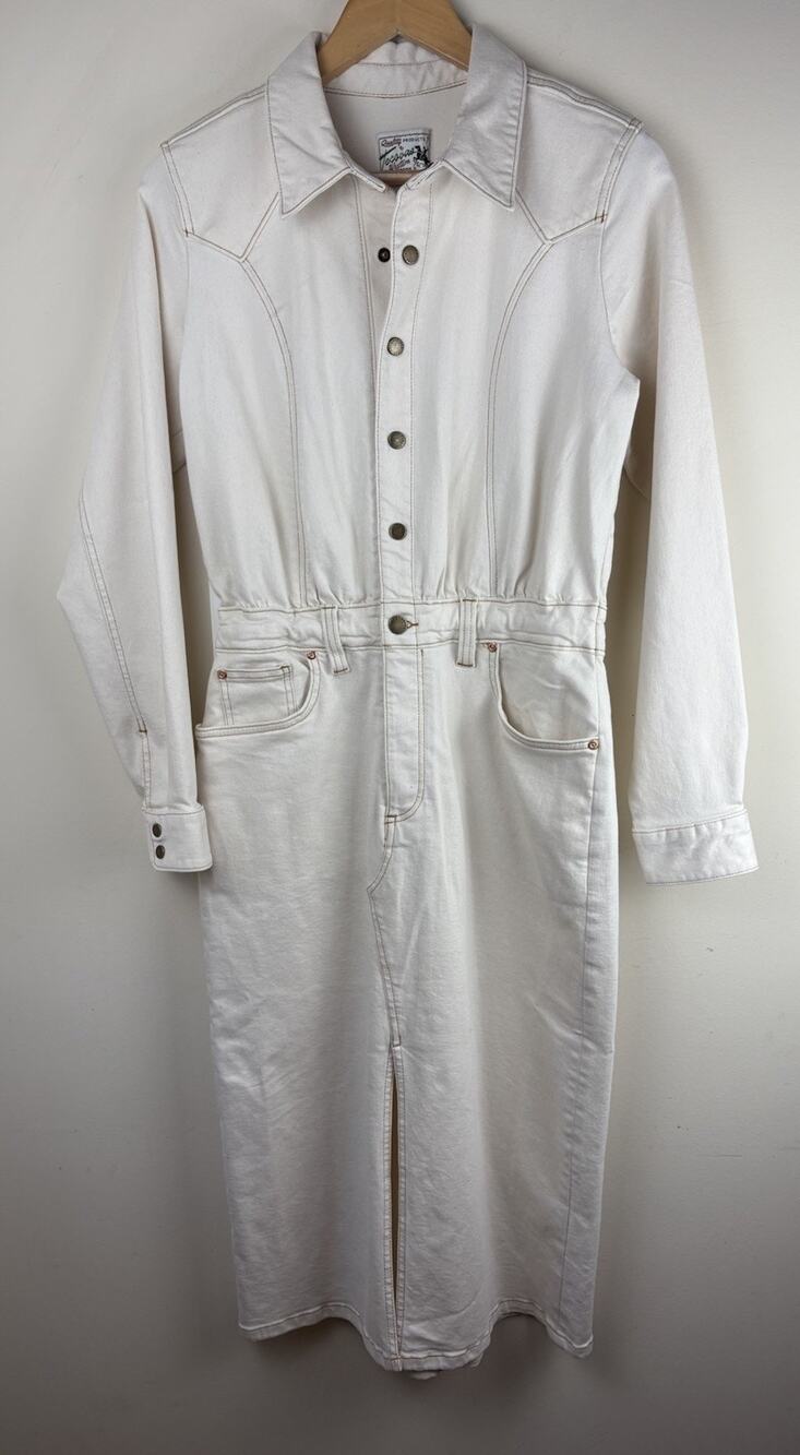 Tecovas Long Sleeve Ivory Natural Denim Dress Midi Split Front Western Sz M